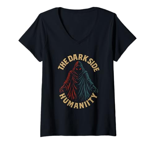 Damen Dark Side of Humanity - Zweifarbiges mythisches Figurendesign T-Shirt mit V-Ausschnitt Damen Dark Side of Humanity - Zweifarbiges mythisches Figurendesign T-Shirt mit V-Ausschnitt von Human Nature, Duality, Inner Conflict