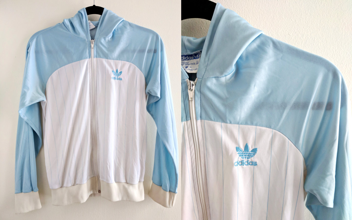 Baby-Blau Und Weiß 80Er Jahre Adidas Jacke Mit Nadelstreifen Kapuze Baby-Blau Und Weiß 80Er Jahre Adidas Jacke Mit Nadelstreifen Kapuze von HumanNightmare