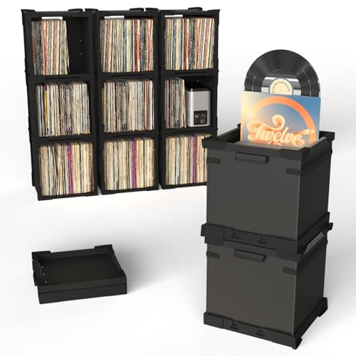 HumminGuru FlexiCube Schallplatten-Aufbewahrungsbox – Stapelbarer Organizer für 12-Zoll-Schallplatten, Platz für 70 LPs | Modulares Vinyl-Regal und Zusammenklappbare Aufbewahrungskiste (1 Würfel) von HumminGuru