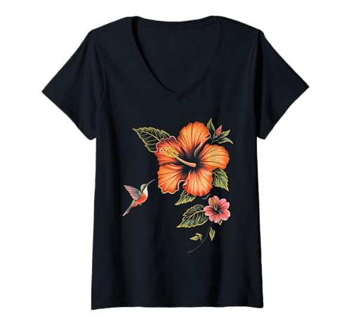 Damen Kolibri, Vogelbeobachtung, Hibiskus, Blumenmädchen, Pflanze, Mutter T-Shirt mit V-Ausschnitt von Hummingbird Bird Watching Apparel
