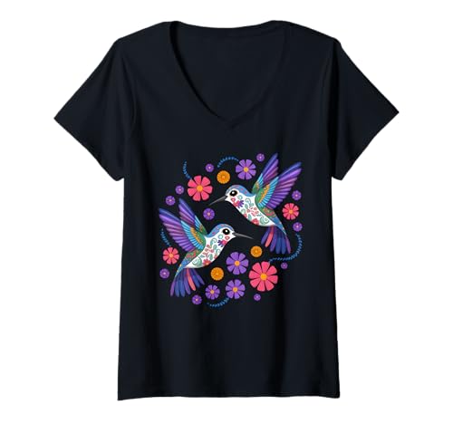 Damen Kolibri Bunte mexikanische Blumen Vogel Floral Natur T-Shirt mit V-Ausschnitt Damen Kolibri Bunte mexikanische Blumen Vogel Floral Natur T-Shirt mit V-Ausschnitt von Hummingbird Colorful Flowers Bird Lover Apparel