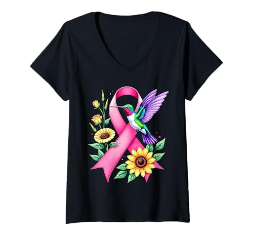 Damen Kolibri, Sonnenblume, rosa Schleife, Brustkrebs-Bewusstsein T-Shirt mit V-Ausschnitt Damen Kolibri, Sonnenblume, rosa Schleife, Brustkrebs-Bewusstsein T-Shirt mit V-Ausschnitt von Hummingbird Sunflower Breast Cancer Support