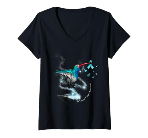 Damen Kolibri mit blaugrünem Band für Eierstockkrebs-Bewusstsein T-Shirt mit V-Ausschnitt Damen Kolibri mit blaugrünem Band für Eierstockkrebs-Bewusstsein T-Shirt mit V-Ausschnitt von Hummingbird Teal Ovarian Cancer Awareness