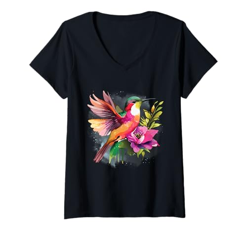 Damen Farbenfroher Kolibri und Blume, inspiriert von der Natur T-Shirt mit V-Ausschnitt Damen Farbenfroher Kolibri und Blume, inspiriert von der Natur T-Shirt mit V-Ausschnitt von Hummingbird and Flower Nature Gifts and Merch