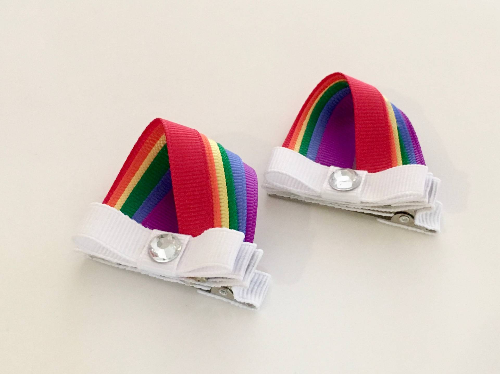 Regenbogen Haarspangen Schleifen Aus Ripsband, Glitzerstein | 2Er-Set von HummingbirdWayLLC