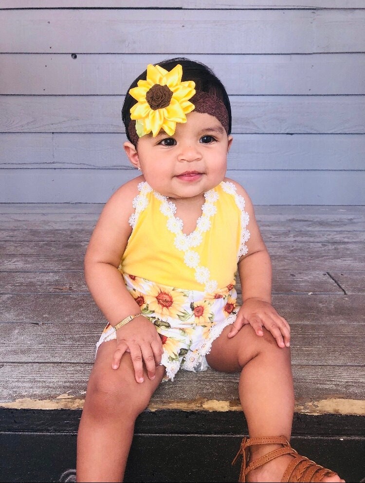 Sonnenblume Baby Haarband Gelbe Satinschleife Kanzashi Blume Sonnenblume Baby Haarband Gelbe Satinschleife Kanzashi Blume von HummingbirdWayLLC