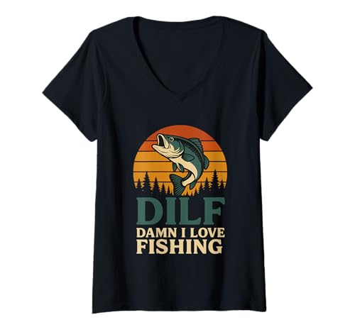 Damen DILF Damn I Love Fishing Retro Barsch Sonnenuntergang Angler T-Shirt mit V-Ausschnitt Damen DILF Damn I Love Fishing Retro Barsch Sonnenuntergang Angler T-Shirt mit V-Ausschnitt von Humor Angler DILF Bass Retro Wald Sonnenuntergang
