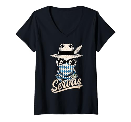 Damen Servus Bayern Totenkopf Bayrischer Bua Trachten T-Shirt mit V-Ausschnitt von Humor Bayern Dialekt Lustige Sprüche Bayrische