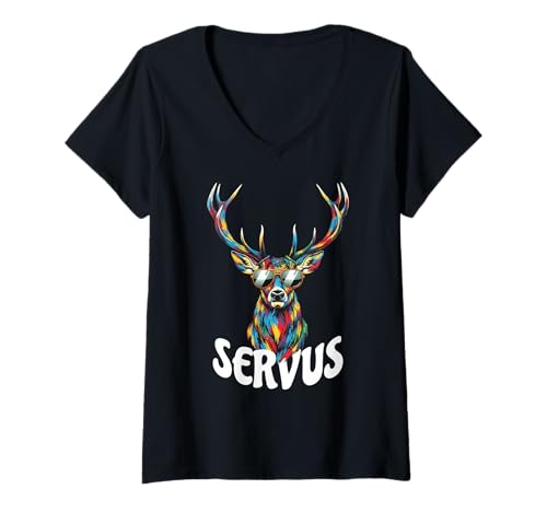 Damen Servus Trachtenshirt Trachten Tracht Hirsch Oktoberfest T-Shirt mit V-Ausschnitt Damen Servus Trachtenshirt Trachten Tracht Hirsch Oktoberfest T-Shirt mit V-Ausschnitt von Humor Bayern Dialekt Lustige Sprüche Bayrische