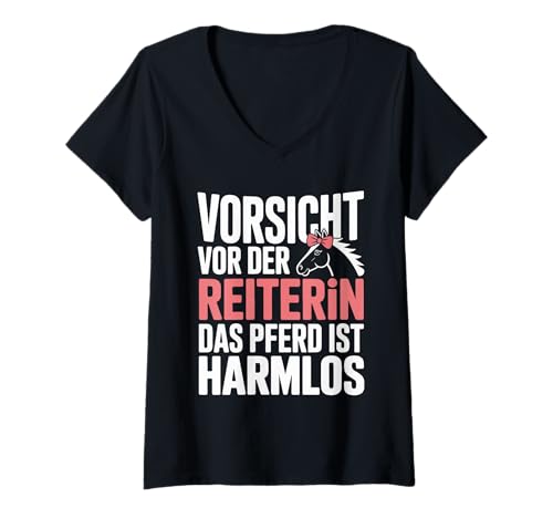 Damen Vorsicht Vor Der Reiterin Das Pferd Ist Harmlos T-Shirt mit V-Ausschnitt Damen Vorsicht Vor Der Reiterin Das Pferd Ist Harmlos T-Shirt mit V-Ausschnitt von Humor Pferdeliebhaber Reiten Aussage