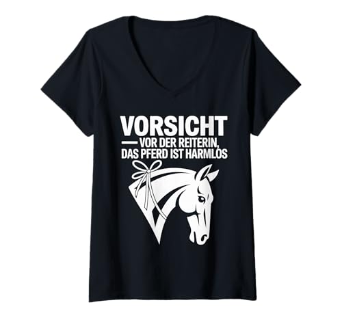 Damen Vorsicht Vor Der Reiterin Das Pferd Ist Harmlos T-Shirt mit V-Ausschnitt Damen Vorsicht Vor Der Reiterin Das Pferd Ist Harmlos T-Shirt mit V-Ausschnitt von Humor Pferdeliebhaber Reiten Aussage