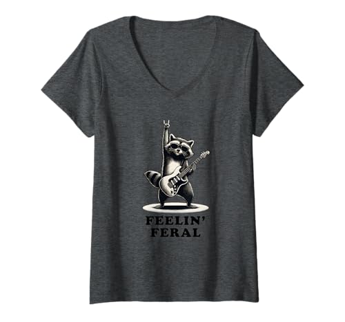 Damen Rock n Roll Raccoon Gitarre Feral Retro Feeling Retro T-Shirt mit V-Ausschnitt Damen Rock n Roll Raccoon Gitarre Feral Retro Feeling Retro T-Shirt mit V-Ausschnitt von Humor Racoon Rock Apparel