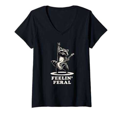 Damen Rock n Roll Raccoon Gitarre Feral Retro Feeling Retro T-Shirt mit V-Ausschnitt Damen Rock n Roll Raccoon Gitarre Feral Retro Feeling Retro T-Shirt mit V-Ausschnitt von Humor Racoon Rock Apparel