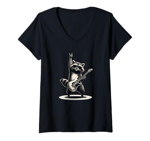 Damen Rock n Roll Raccoon Gitarre Retro T-Shirt mit V-Ausschnitt Damen Rock n Roll Raccoon Gitarre Retro T-Shirt mit V-Ausschnitt von Humor Racoon Rock Apparel