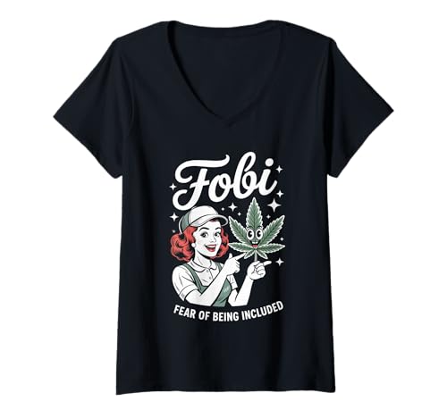 Damen FOBI Angst vor Ausgrenzung Frauen Soziale Vermeidung T-Shirt mit V-Ausschnitt Damen FOBI Angst vor Ausgrenzung Frauen Soziale Vermeidung T-Shirt mit V-Ausschnitt von Humor Retro-Cartoon FOBI Introvertierte Grafik