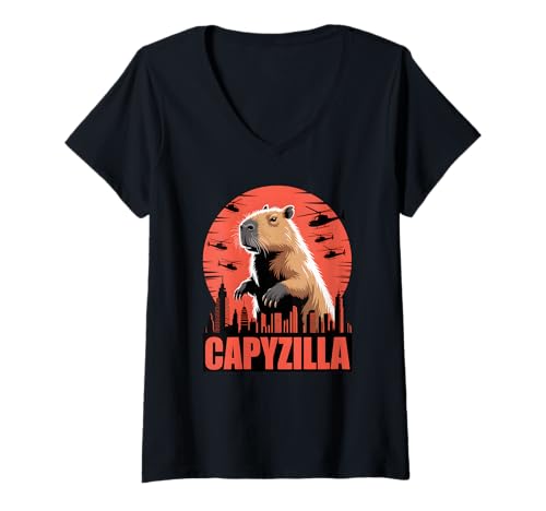 Damen Capyzilla Lustiges Capybara-Retro-Monster, Coole Grafikkunst T-Shirt mit V-Ausschnitt Damen Capyzilla Lustiges Capybara-Retro-Monster, Coole Grafikkunst T-Shirt mit V-Ausschnitt von Humor Rodent Lover Vibes Retro Cool Novelty Tokyo