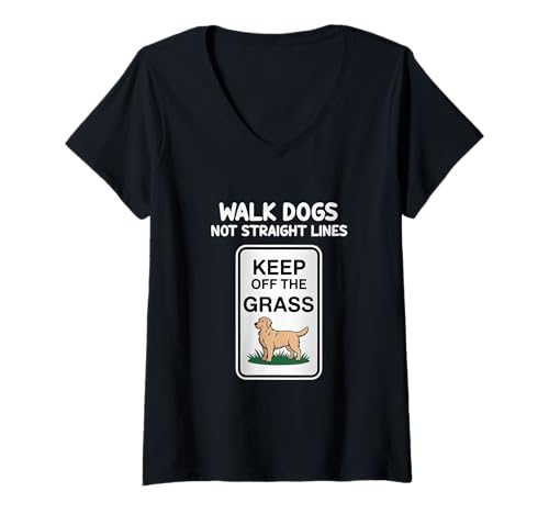 Damen Hunde spazieren führen, Keine geraden Linien T-Shirt mit V-Ausschnitt Damen Hunde spazieren führen, Keine geraden Linien T-Shirt mit V-Ausschnitt von Humor für Hundebesitzer Keep Off Grass Walking