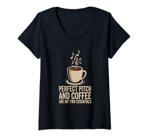 Damen Perfektes Gehör und Kaffee sind Musiker-Essentials T-Shirt mit V-Ausschnitt Damen Perfektes Gehör und Kaffee sind Musiker-Essentials T-Shirt mit V-Ausschnitt von Humor für Musikliebhaber mit Kaffeegenuss