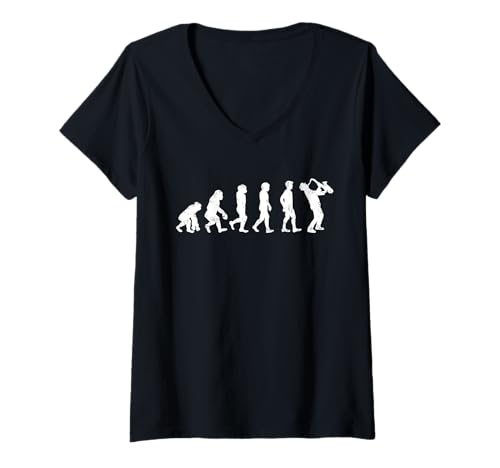 Damen Evolution zum Jazz Musiker Saxophon Lustig T-Shirt mit V-Ausschnitt Damen Evolution zum Jazz Musiker Saxophon Lustig T-Shirt mit V-Ausschnitt von Humor für Musikliebhaber und Saxophonisten