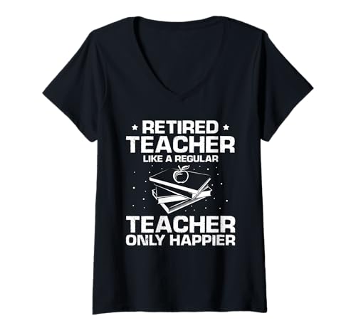 Damen Lustiger Lehrer im Ruhestand Nur Glücklicher T-Shirt mit V-Ausschnitt Damen Lustiger Lehrer im Ruhestand Nur Glücklicher T-Shirt mit V-Ausschnitt von Humor für fröhliche pensionierte Lehrkräfte