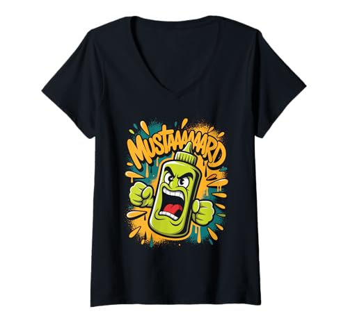 Damen Mustaaaard Angry Bottle Funny Squeeze Sauce Comedy Art T-Shirt mit V-Ausschnitt Damen Mustaaaard Angry Bottle Funny Squeeze Sauce Comedy Art T-Shirt mit V-Ausschnitt von Humor with Screaming Mustard Design