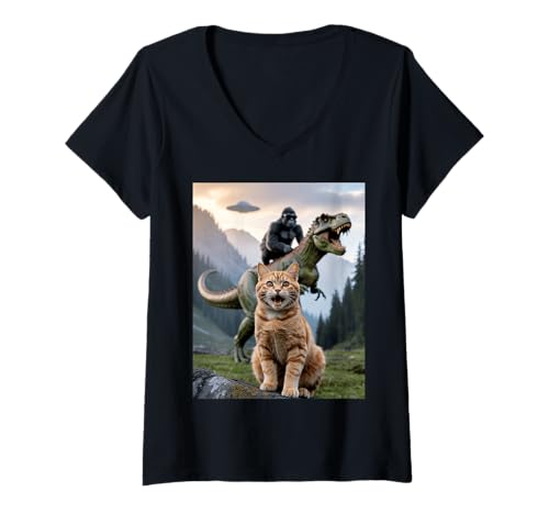 Damen Lustige Katze Gorilla Dinosaurier UFO Meme Absurd Humor Szene T-Shirt mit V-Ausschnitt von Humorous Alien Joke Surreal Animal Comedy Monster