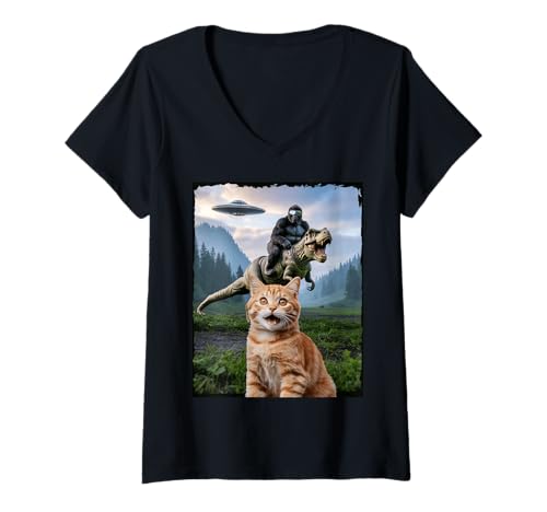 Damen Lustige Katze Gorilla Dinosaurier UFO Meme Absurd Humor Szene T-Shirt mit V-Ausschnitt von Humorous Alien Joke Surreal Animal Comedy Monster