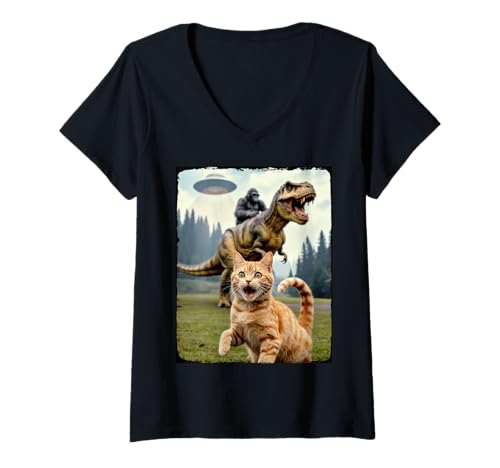 Damen Lustige Katze Gorilla Dinosaurier UFO Meme Absurd Humor Szene T-Shirt mit V-Ausschnitt von Humorous Alien Joke Surreal Animal Comedy Monster