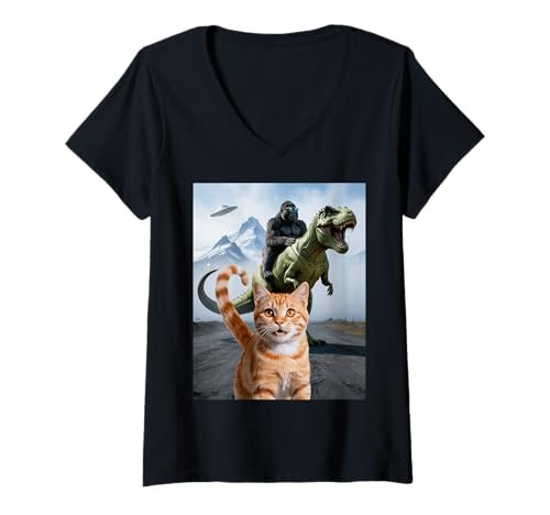 Damen Lustige Katze Gorilla Dinosaurier UFO Meme Absurd Humor Szene T-Shirt mit V-Ausschnitt von Humorous Alien Joke Surreal Animal Comedy Monster