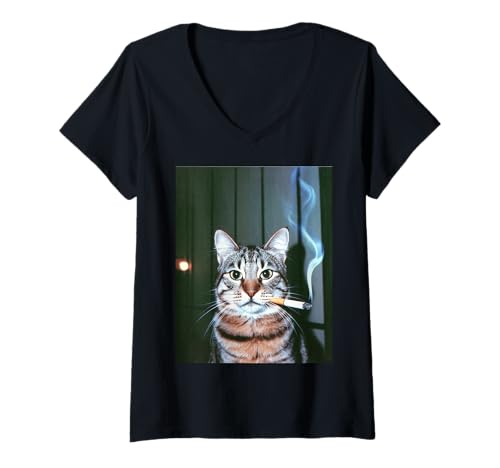 Damen Lustige Katze Spruch Smoking Meme sarkastische Katze Humor Sassy T-Shirt mit V-Ausschnitt Damen Lustige Katze Spruch Smoking Meme sarkastische Katze Humor Sassy T-Shirt mit V-Ausschnitt von Humorous Animal Joke Cool Tabby Ironic Comedy Meme