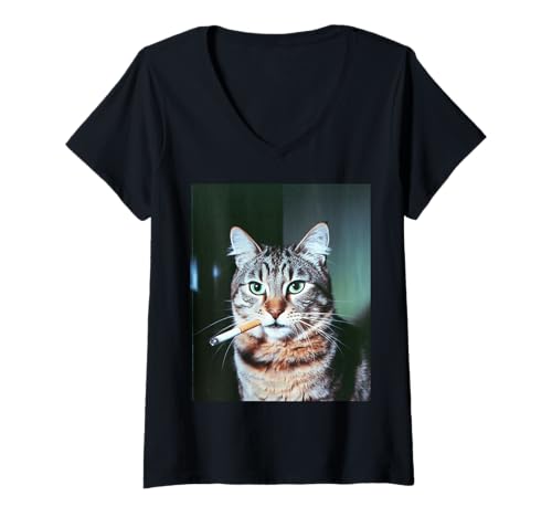 Damen Lustige Katze Spruch Smoking Meme sarkastische Katze Humor Sassy T-Shirt mit V-Ausschnitt Damen Lustige Katze Spruch Smoking Meme sarkastische Katze Humor Sassy T-Shirt mit V-Ausschnitt von Humorous Animal Joke Cool Tabby Ironic Comedy Meme