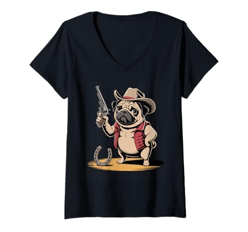 Damen Lustiger Cowboy Mops Spruch Hund mit Pistole Western Humor Damen Herren T-Shirt mit V-Ausschnitt Damen Lustiger Cowboy Mops Spruch Hund mit Pistole Western Humor Damen Herren T-Shirt mit V-Ausschnitt von Humorous Animal Meme Pet Joke Wild West Dog Comedy