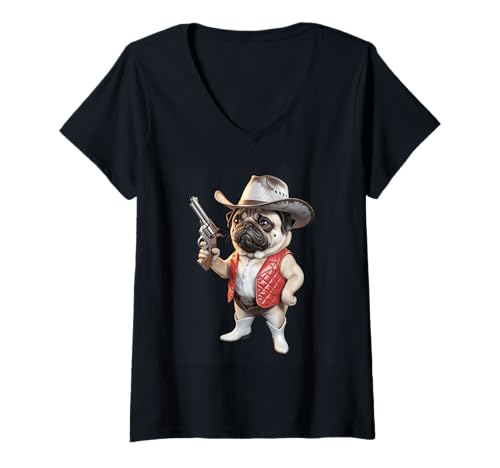 Damen Lustiger Cowboy Mops Spruch Hund mit Pistole Western Humor Damen Herren T-Shirt mit V-Ausschnitt Damen Lustiger Cowboy Mops Spruch Hund mit Pistole Western Humor Damen Herren T-Shirt mit V-Ausschnitt von Humorous Animal Meme Pet Joke Wild West Dog Comedy