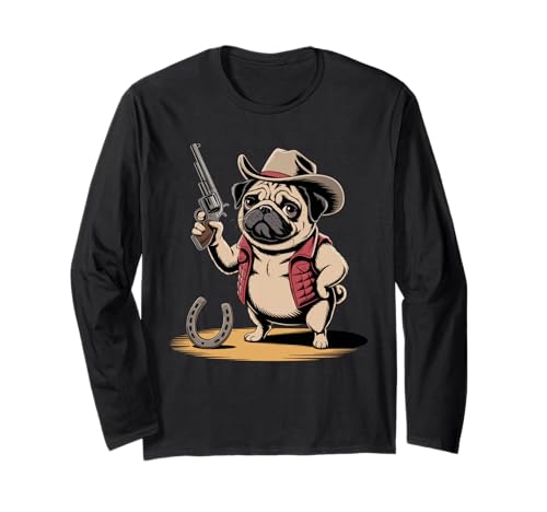 Lustiger Cowboy Mops Spruch Hund mit Pistole Western Humor Damen Herren Langarmshirt Lustiger Cowboy Mops Spruch Hund mit Pistole Western Humor Damen Herren Langarmshirt von Humorous Animal Meme Pet Joke Wild West Dog Comedy