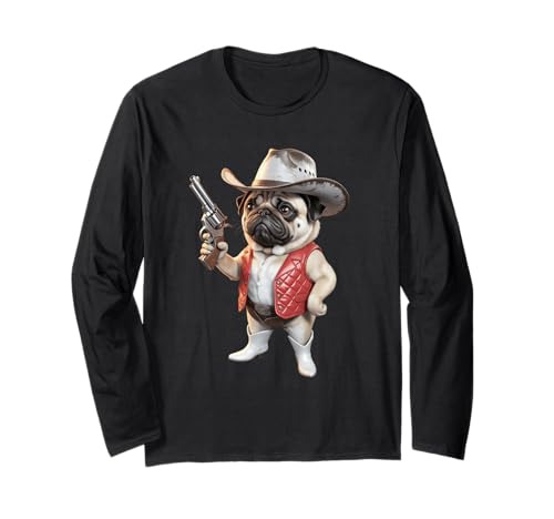Lustiger Cowboy Mops Spruch Hund mit Pistole Western Humor Damen Herren Langarmshirt Lustiger Cowboy Mops Spruch Hund mit Pistole Western Humor Damen Herren Langarmshirt von Humorous Animal Meme Pet Joke Wild West Dog Comedy