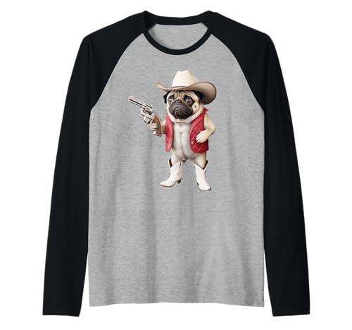Lustiger Cowboy Mops Spruch Hund mit Pistole Western Humor Damen Herren Raglan von Humorous Animal Meme Pet Joke Wild West Dog Comedy