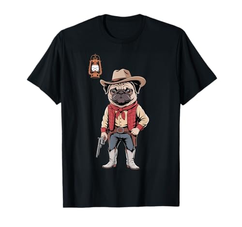 Lustiger Cowboy Mops Spruch Hund mit Pistole Western Humor Damen Herren T-Shirt von Humorous Animal Meme Pet Joke Wild West Dog Comedy