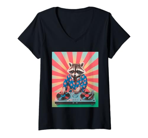 Damen Lustiger Waschbär DJ Spruch Japanischer Kimono Plattenspieler Humor T-Shirt mit V-Ausschnitt Damen Lustiger Waschbär DJ Spruch Japanischer Kimono Plattenspieler Humor T-Shirt mit V-Ausschnitt von Humorous Animal Meme Retro Japan Disc Jockey Beat