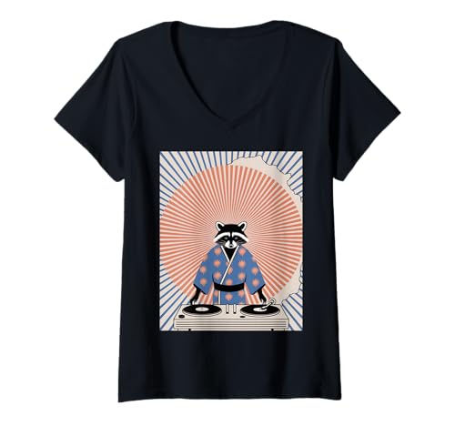 Damen Lustiger Waschbär DJ Spruch Japanischer Kimono Plattenspieler Humor T-Shirt mit V-Ausschnitt Damen Lustiger Waschbär DJ Spruch Japanischer Kimono Plattenspieler Humor T-Shirt mit V-Ausschnitt von Humorous Animal Meme Retro Japan Disc Jockey Beat