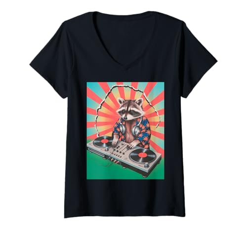 Damen Lustiger Waschbär DJ Spruch Japanischer Kimono Plattenspieler Humor T-Shirt mit V-Ausschnitt Damen Lustiger Waschbär DJ Spruch Japanischer Kimono Plattenspieler Humor T-Shirt mit V-Ausschnitt von Humorous Animal Meme Retro Japan Disc Jockey Beat
