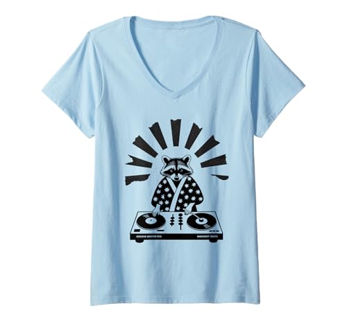 Damen Lustiger Waschbär DJ Spruch Japanischer Kimono Plattenspieler Humor T-Shirt mit V-Ausschnitt Damen Lustiger Waschbär DJ Spruch Japanischer Kimono Plattenspieler Humor T-Shirt mit V-Ausschnitt von Humorous Animal Meme Retro Japan Disc Jockey Beat