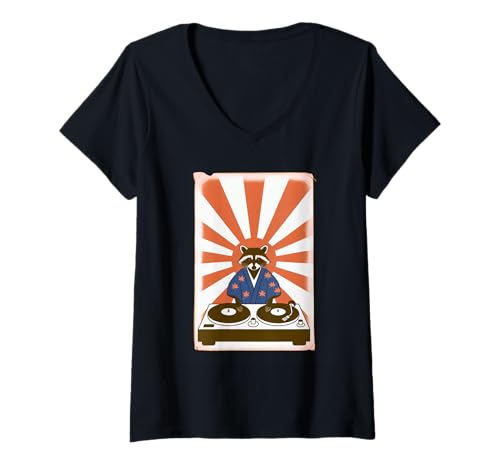 Damen Lustiger Waschbär DJ Spruch Japanischer Kimono Plattenspieler Humor T-Shirt mit V-Ausschnitt Damen Lustiger Waschbär DJ Spruch Japanischer Kimono Plattenspieler Humor T-Shirt mit V-Ausschnitt von Humorous Animal Meme Retro Japan Disc Jockey Beat