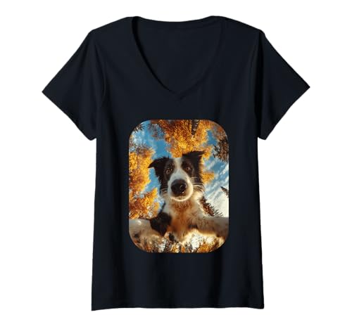 Damen Border Collie Selfie Herbst Blätter Herbst Schäferhund Hundeliebhaber T-Shirt mit V-Ausschnitt von Humorous Animal Selfie Fall Season Clothes