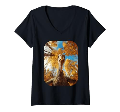Damen Lustige Wilde Truthahn Selfie Herbst Blätter Herbst Thanksgiving T-Shirt mit V-Ausschnitt von Humorous Animal Selfie Fall Season Clothes