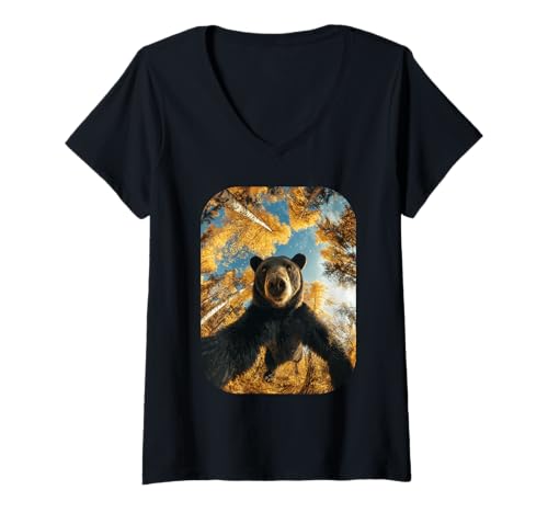 Damen Lustiger Bär Selfie Herbst Blätter Herbst Wald Tier Ästhetik T-Shirt mit V-Ausschnitt von Humorous Animal Selfie Fall Season Clothes