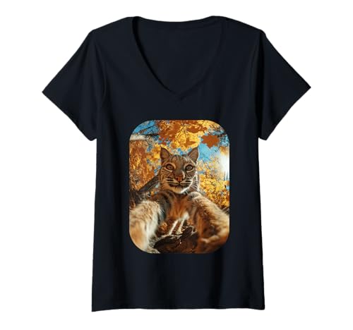 Damen Lustiger Bobcat Selfie Herbst Blätter Wildlife Herbst Ästhetik T-Shirt mit V-Ausschnitt von Humorous Animal Selfie Fall Season Clothes