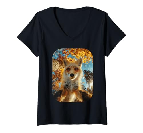 Damen Lustiger Fuchs Selfie Herbst Blätter Wildlife Motiv Herbst Ästhetik T-Shirt mit V-Ausschnitt von Humorous Animal Selfie Fall Season Clothes