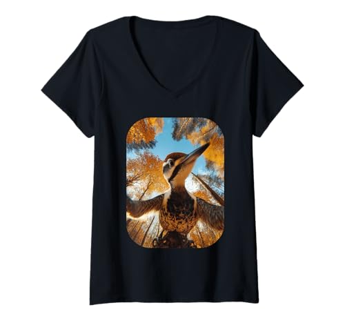 Damen Lustiger Specht Selfie Herbst Blätter Herbst Tier Ästhetik T-Shirt mit V-Ausschnitt von Humorous Animal Selfie Fall Season Clothes