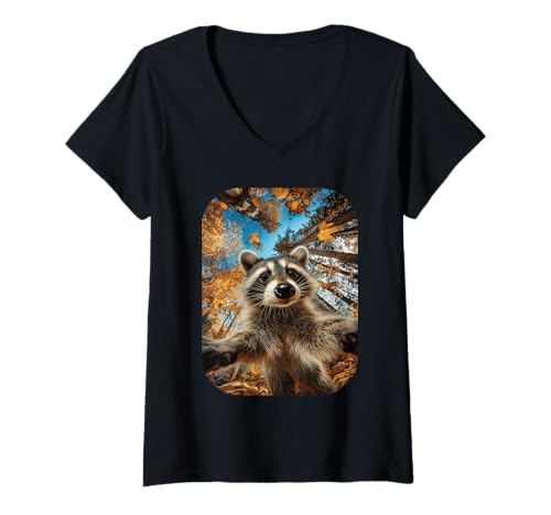 Damen Lustiger Waschbär Selfie Herbst Blätter Wald Herbst Wildtier T-Shirt mit V-Ausschnitt Damen Lustiger Waschbär Selfie Herbst Blätter Wald Herbst Wildtier T-Shirt mit V-Ausschnitt von Humorous Animal Selfie Fall Season Clothes