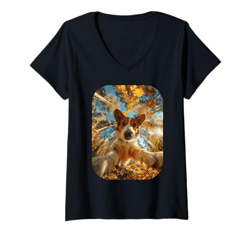 Damen Niedlicher Corgi Selfie Herbst Blätter Wald Herbst Tier Hundeliebhaber T-Shirt mit V-Ausschnitt von Humorous Animal Selfie Fall Season Clothes